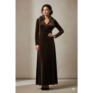 Vintage Patra Brown Velvet Faux Fur Long Formal Dress Petite Size 6 Petite